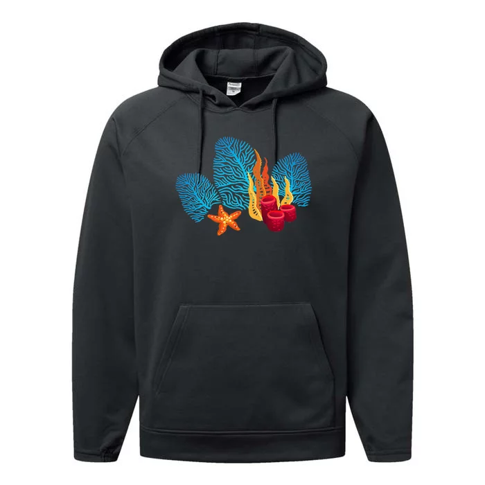 Bright Red Blue Coral Seaweed Marine Life Sea Life Starfish Performance Fleece Hoodie