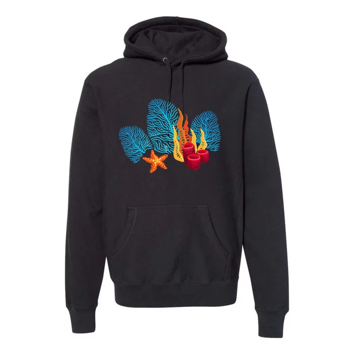 Bright Red Blue Coral Seaweed Marine Life Sea Life Starfish Premium Hoodie