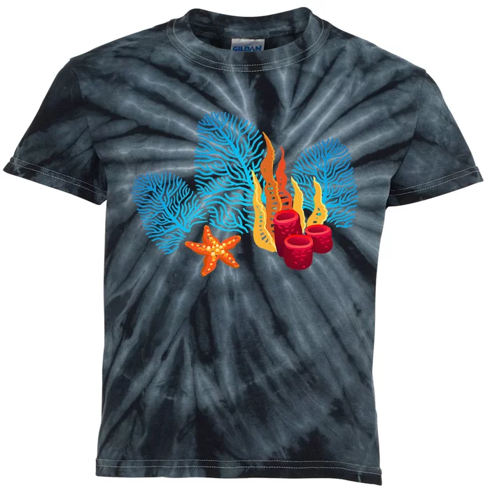 Bright Red Blue Coral Seaweed Marine Life Sea Life Starfish Kids Tie-Dye T-Shirt