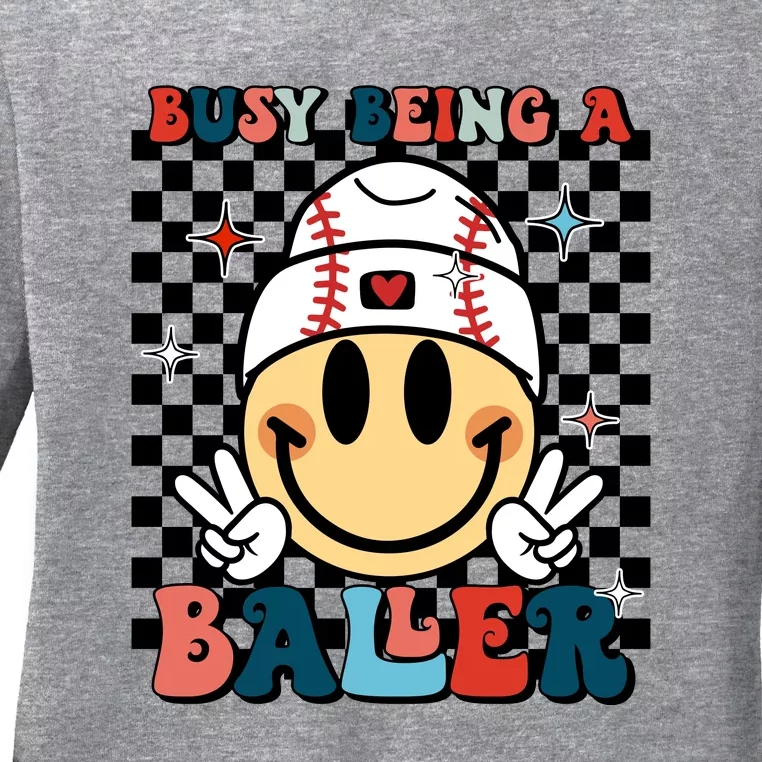 Busy Raising Ballers Funny Baseball Lover Mothers Day Ladies Long Sleeve Shirt