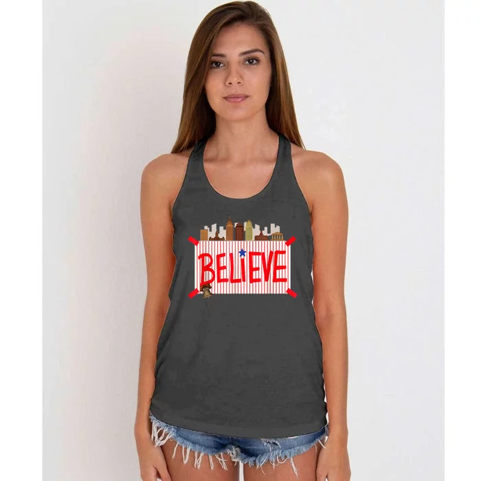 Believe Ring Bell Philadelphia Baseball Player Women's Knotted Racerback Tank