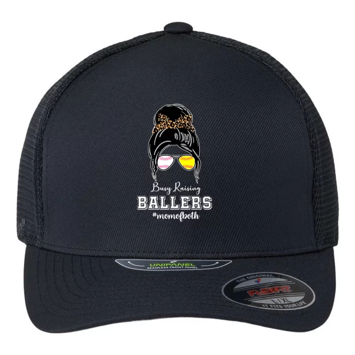 Busy Raising Ballers Mom Of Both Baseball Softball Messy Bun Sticker Features De Flexfit Unipanel Trucker Cap