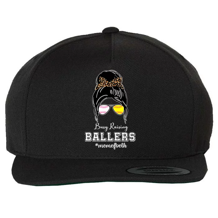 Busy Raising Ballers Mom Of Both Baseball Softball Messy Bun Sticker Features De Wool Snapback Cap