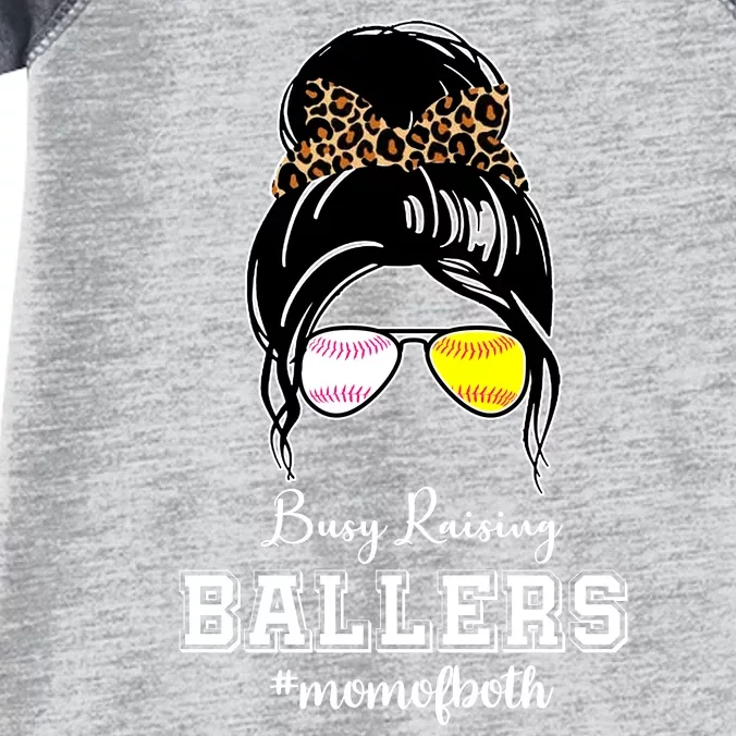 Busy Raising Ballers Mom Of Both Baseball Softball Messy Bun Sticker Features De Infant Baby Jersey Bodysuit