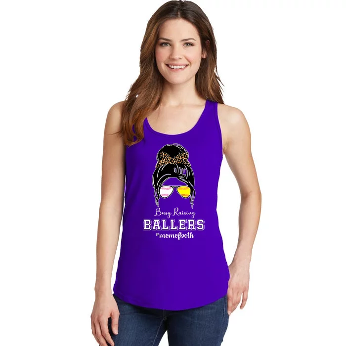 Busy Raising Ballers Mom Of Both Baseball Softball Messy Bun Sticker Features De Ladies Essential Tank