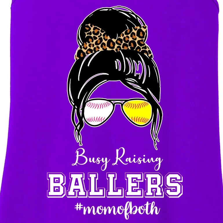 Busy Raising Ballers Mom Of Both Baseball Softball Messy Bun Sticker Features De Ladies Essential Tank