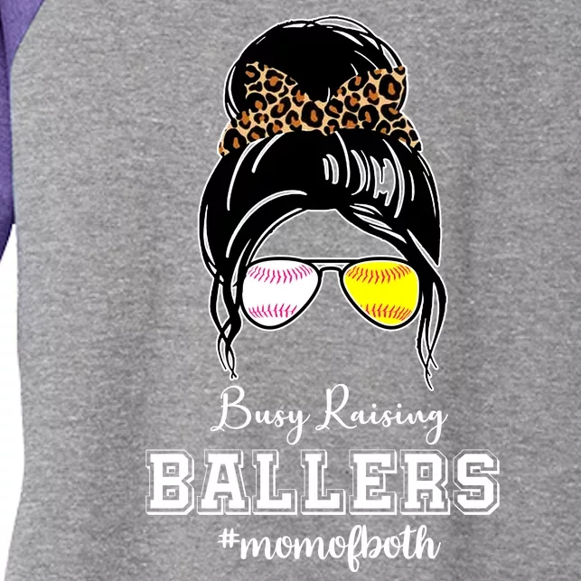 Busy Raising Ballers Mom Of Both Baseball Softball Messy Bun Sticker Features De Women's Tri-Blend 3/4-Sleeve Raglan Shirt