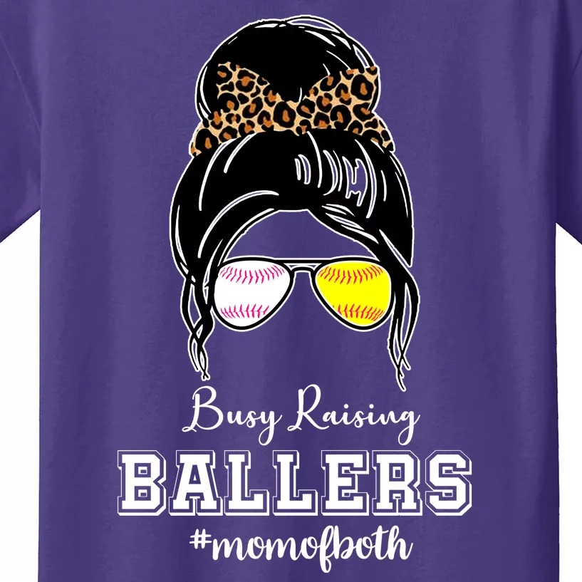 Busy Raising Ballers Mom Of Both Baseball Softball Messy Bun Sticker Features De Kids T-Shirt