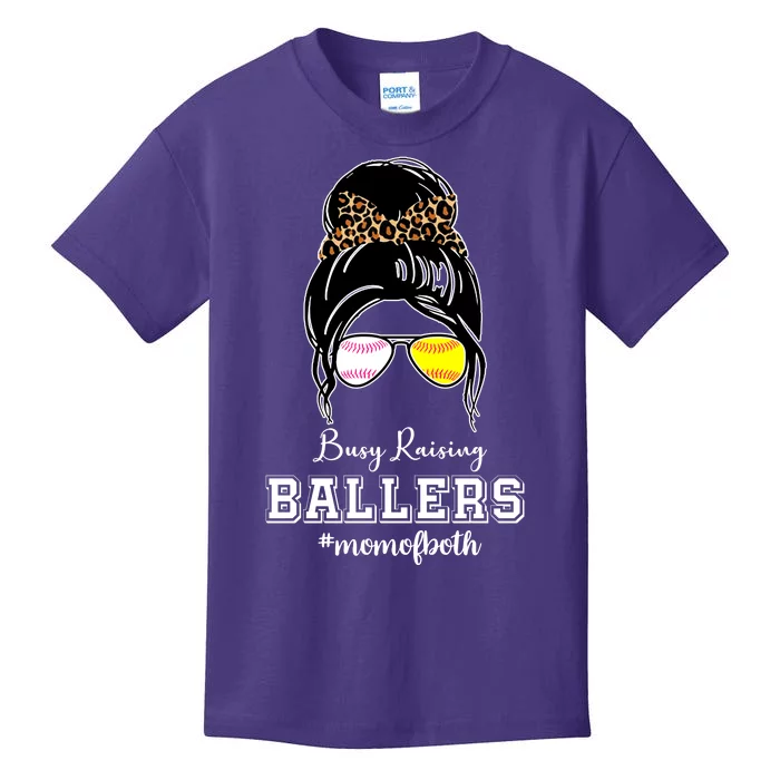 Busy Raising Ballers Mom Of Both Baseball Softball Messy Bun Sticker Features De Kids T-Shirt