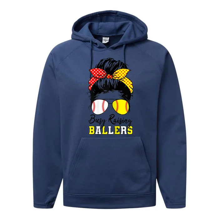 Busy Raising Ballers Funny Baseball Softball Messy Bun Mom Gift Performance Fleece Hoodie