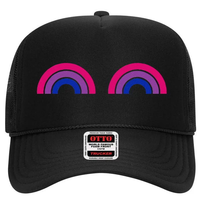 Bisexual Rainbow Boobs Funny Bi Pride LGBT Pride High Crown Mesh Trucker Hat