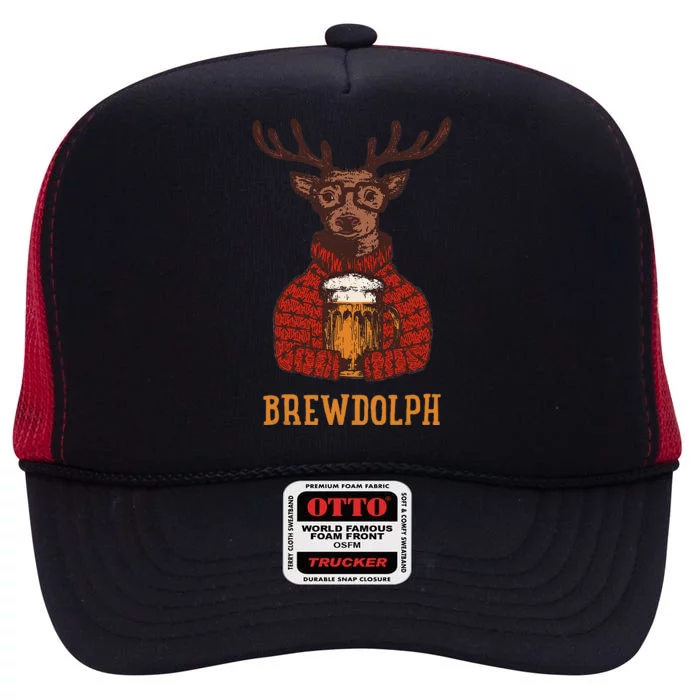 Brewdolph Reindeer Beer Lovers Funny Christmas High Crown Mesh Trucker Hat