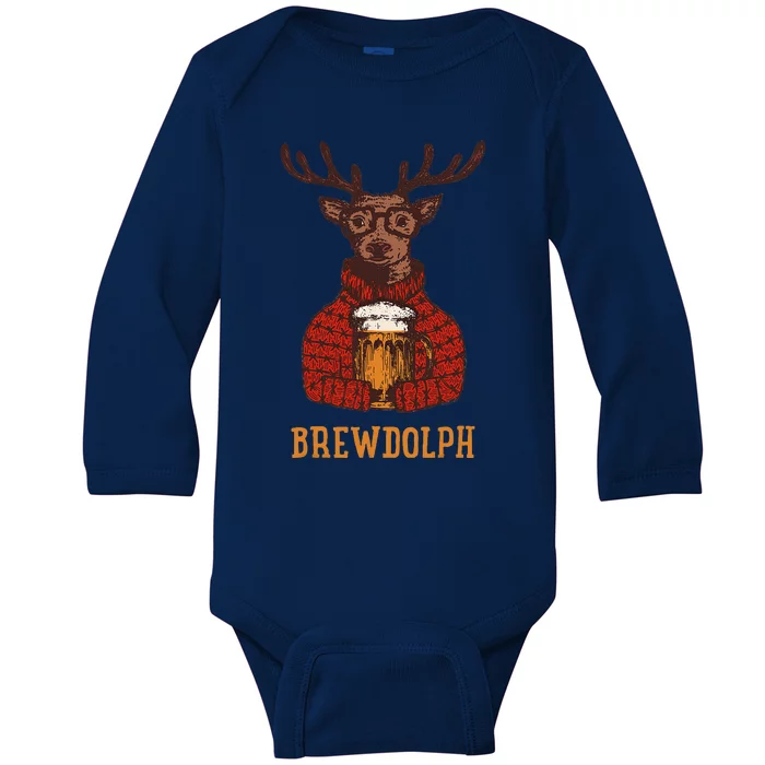 Brewdolph Reindeer Beer Lovers Funny Christmas Baby Long Sleeve Bodysuit