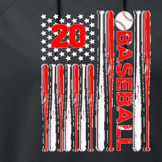 Baseball Red Bats Number 20 Twenty Usa Flag Performance Fleece Hoodie