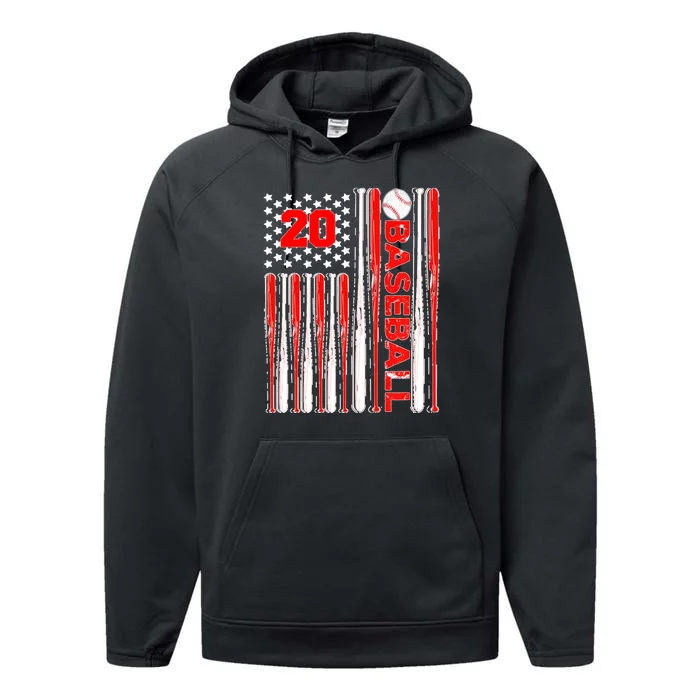 Baseball Red Bats Number 20 Twenty Usa Flag Performance Fleece Hoodie