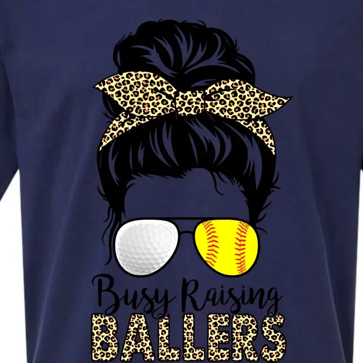 Busy Raising Ballers Softball And Golf Mom Messy Bun Leopard Funny Gift Sueded Cloud Jersey T-Shirt