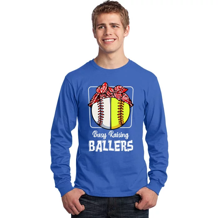 Busy Raising Ballers Softball Funny Baseball Mom Sport Gift Tall Long Sleeve T-Shirt