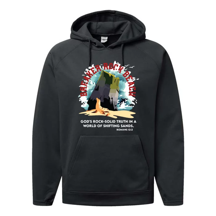 Breaker Rock Beach Gods Rock Solid Truth In A World Vbs 2024 Performance Fleece Hoodie