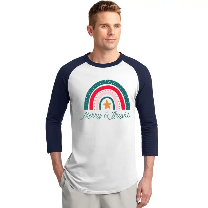 Boho Rainbow Christmas Merry And Bright Baseball Sleeve Shirt