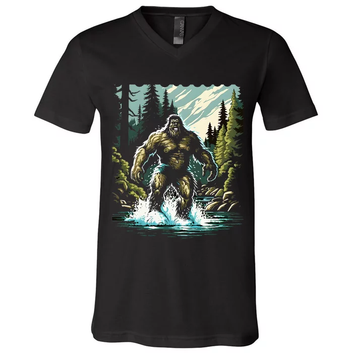 Bigfoot River Crossing in National Forest Sasquatch Cryptid V-Neck T-Shirt