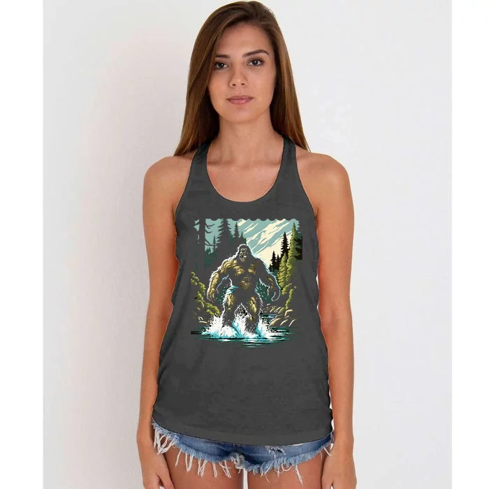 Bigfoot River Crossing in National Forest Sasquatch Cryptid Women's Knotted Racerback Tank