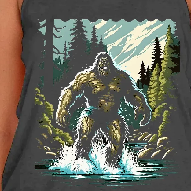 Bigfoot River Crossing in National Forest Sasquatch Cryptid Women's Knotted Racerback Tank