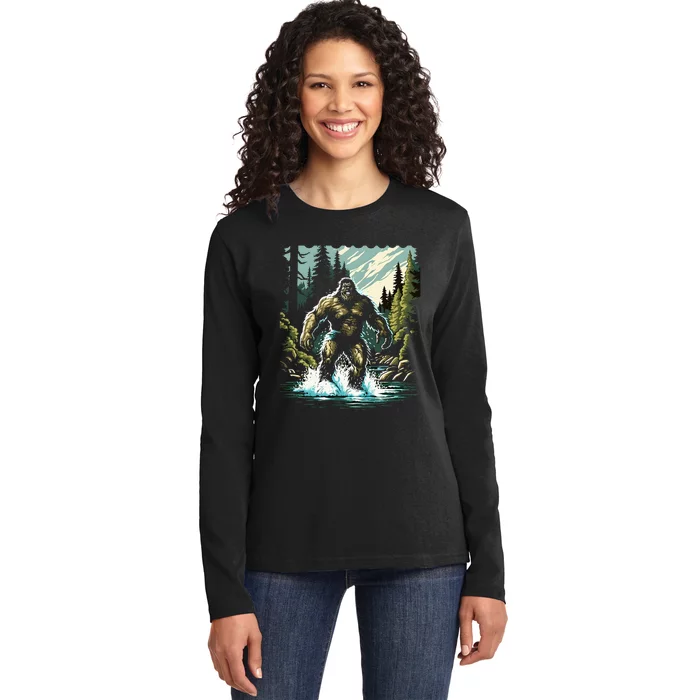 Bigfoot River Crossing in National Forest Sasquatch Cryptid Ladies Long Sleeve Shirt