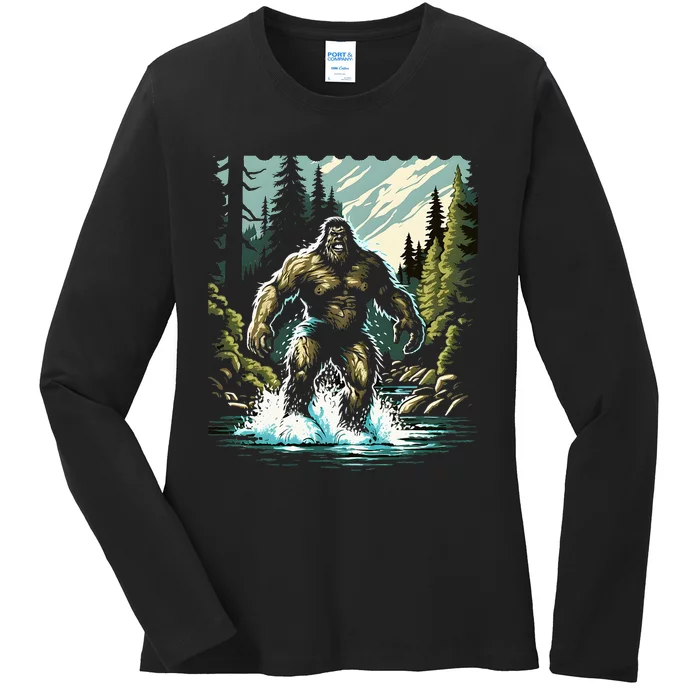 Bigfoot River Crossing in National Forest Sasquatch Cryptid Ladies Long Sleeve Shirt