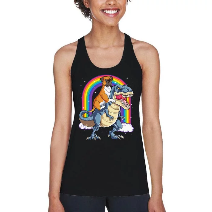 Boxer Riding Dinosaur T rex Gift Dog Lover Rainbow Women's Racerback Tank