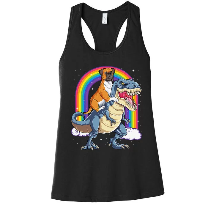 Boxer Riding Dinosaur T rex Gift Dog Lover Rainbow Women's Racerback Tank