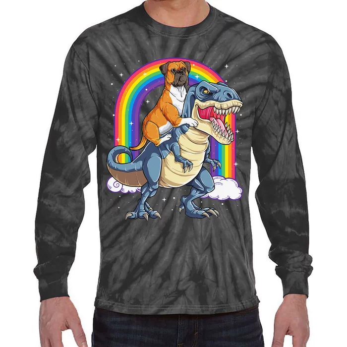 Boxer Riding Dinosaur T rex Gift Dog Lover Rainbow Tie-Dye Long Sleeve Shirt