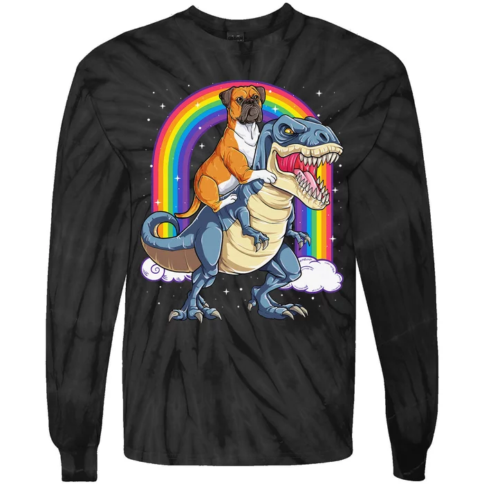 Boxer Riding Dinosaur T rex Gift Dog Lover Rainbow Tie-Dye Long Sleeve Shirt