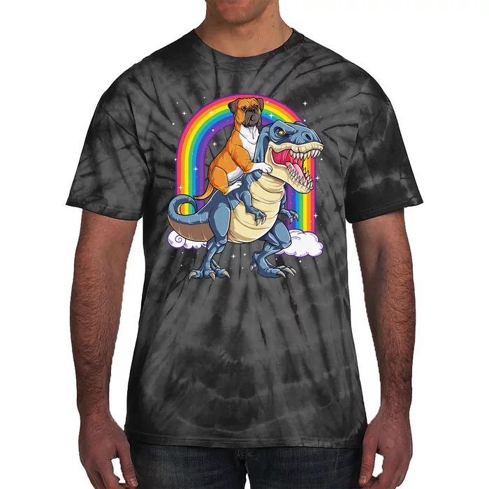 Boxer Riding Dinosaur T rex Gift Dog Lover Rainbow Tie-Dye T-Shirt