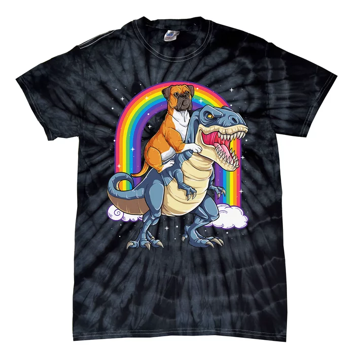 Boxer Riding Dinosaur T rex Gift Dog Lover Rainbow Tie-Dye T-Shirt