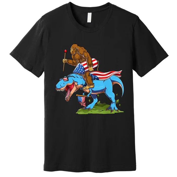 Bigfoot Riding Dinosaur USA Flag 4th Of July America Premium T-Shirt