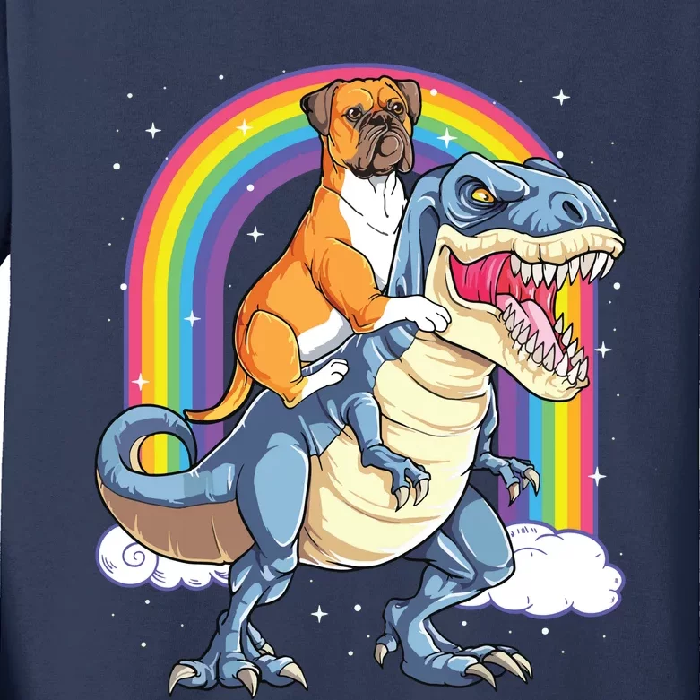 Boxer Riding Dinosaur T Rex Gift Dog Lover Boy Rainbow Kids Long Sleeve Shirt