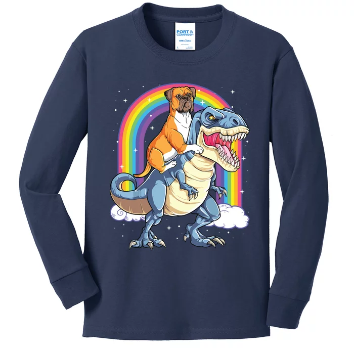 Boxer Riding Dinosaur T Rex Gift Dog Lover Boy Rainbow Kids Long Sleeve Shirt