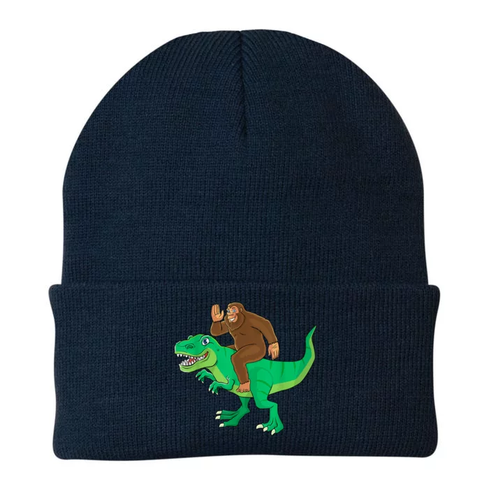 Bigfoot Riding Dinosaur T Rex Funny Sasquatch Lover Knit Cap Winter Beanie