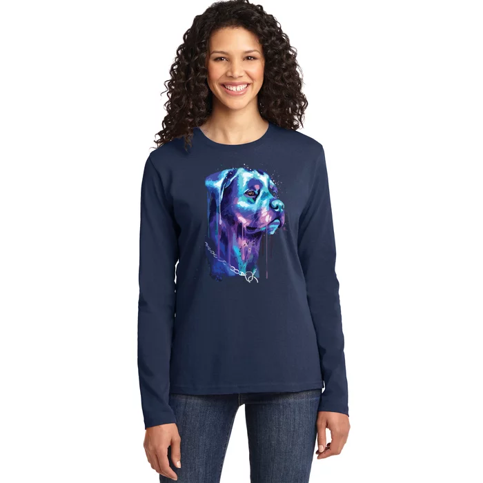 Bright Rottweiler Dog Watercolor Painting Ladies Long Sleeve Shirt