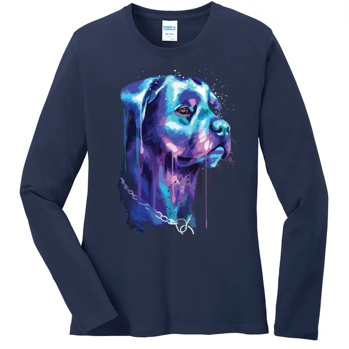 Bright Rottweiler Dog Watercolor Painting Ladies Long Sleeve Shirt