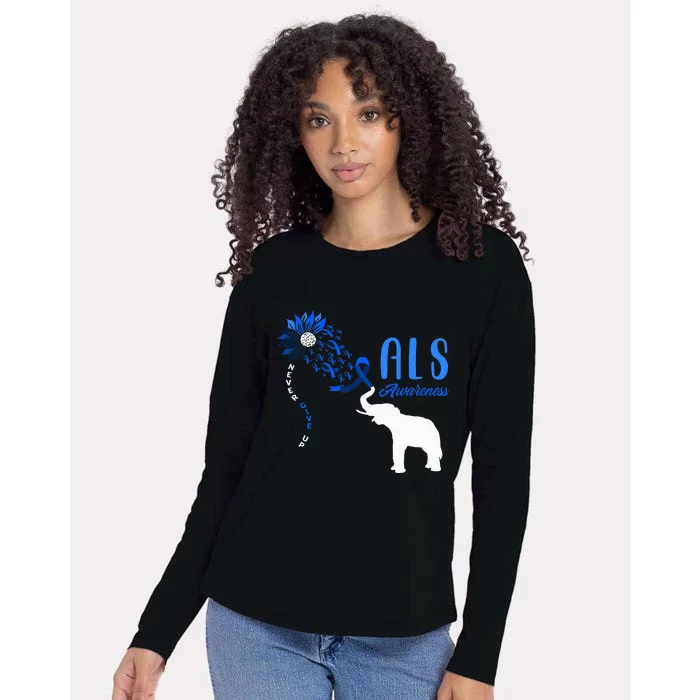 Blue Ribbon Elephant ALS Warrior Support ALS Awareness Womens Cotton Relaxed Long Sleeve T-Shirt