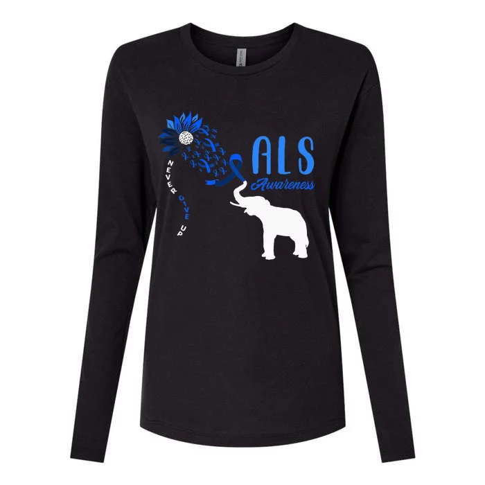 Blue Ribbon Elephant ALS Warrior Support ALS Awareness Womens Cotton Relaxed Long Sleeve T-Shirt