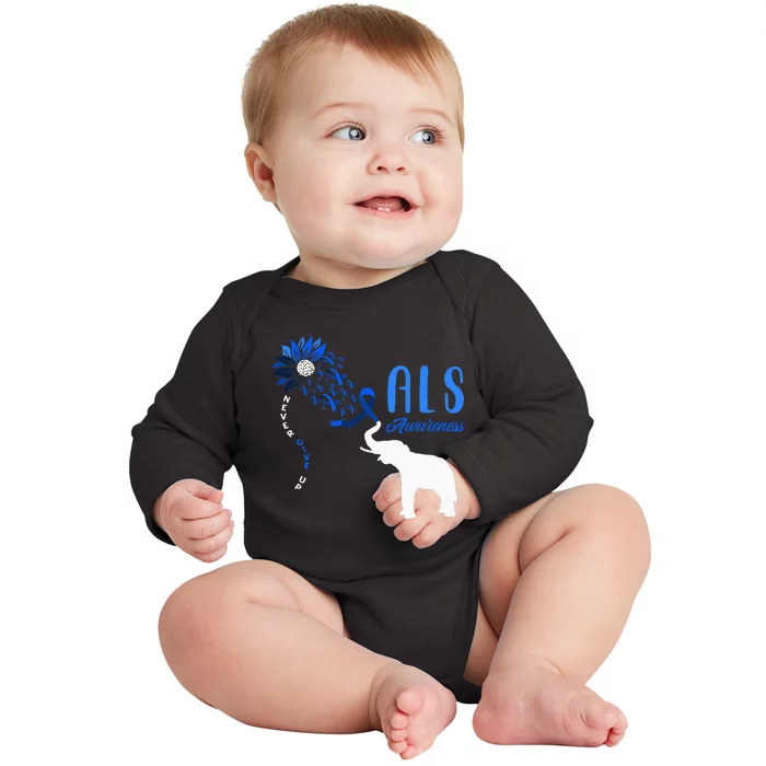 Blue Ribbon Elephant ALS Warrior Support ALS Awareness Baby Long Sleeve Bodysuit