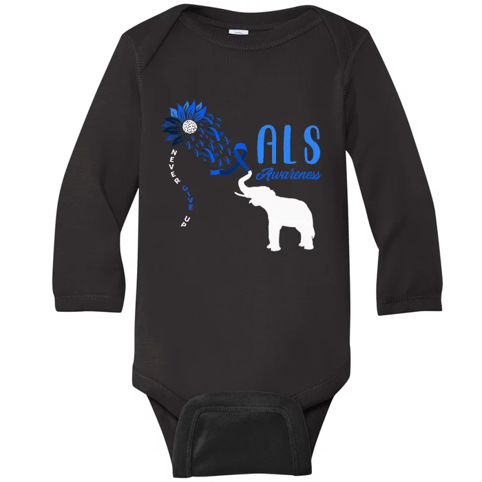 Blue Ribbon Elephant ALS Warrior Support ALS Awareness Baby Long Sleeve Bodysuit