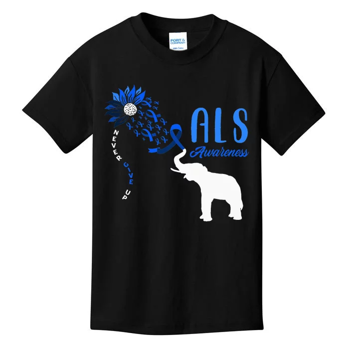 Blue Ribbon Elephant ALS Warrior Support ALS Awareness Kids T-Shirt