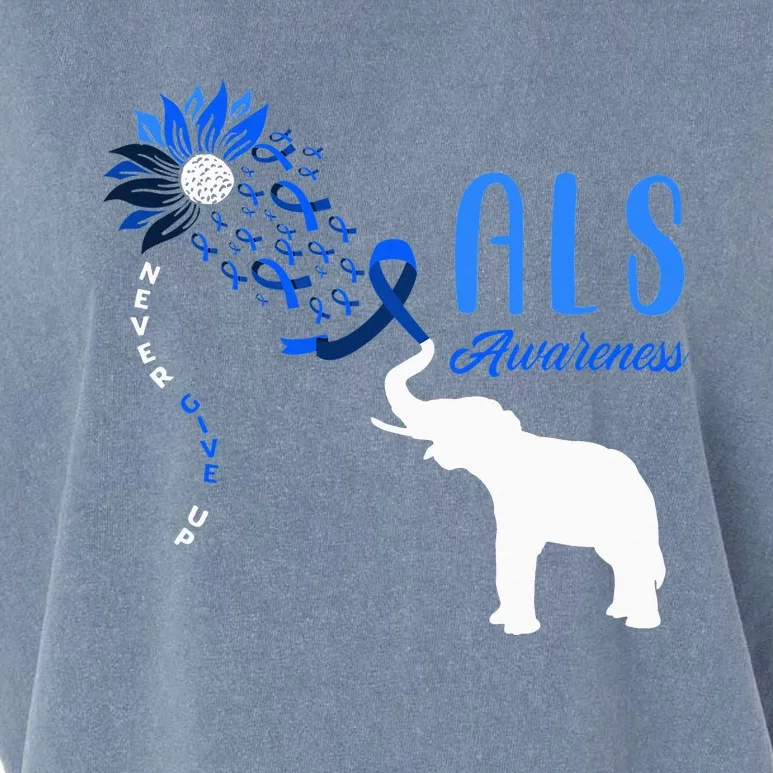 Blue Ribbon Elephant ALS Warrior Support ALS Awareness Garment-Dyed Women's Muscle Tee