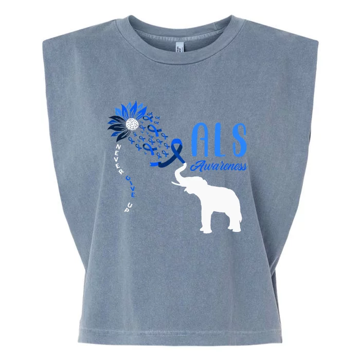 Blue Ribbon Elephant ALS Warrior Support ALS Awareness Garment-Dyed Women's Muscle Tee