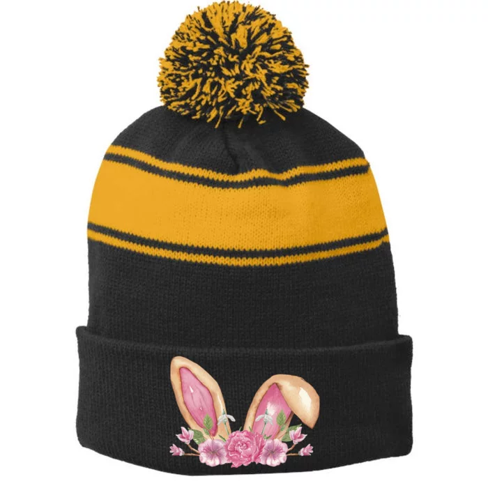 Bunny Rabbit Ears Cute Illustration Easter Stripe Pom Pom Beanie