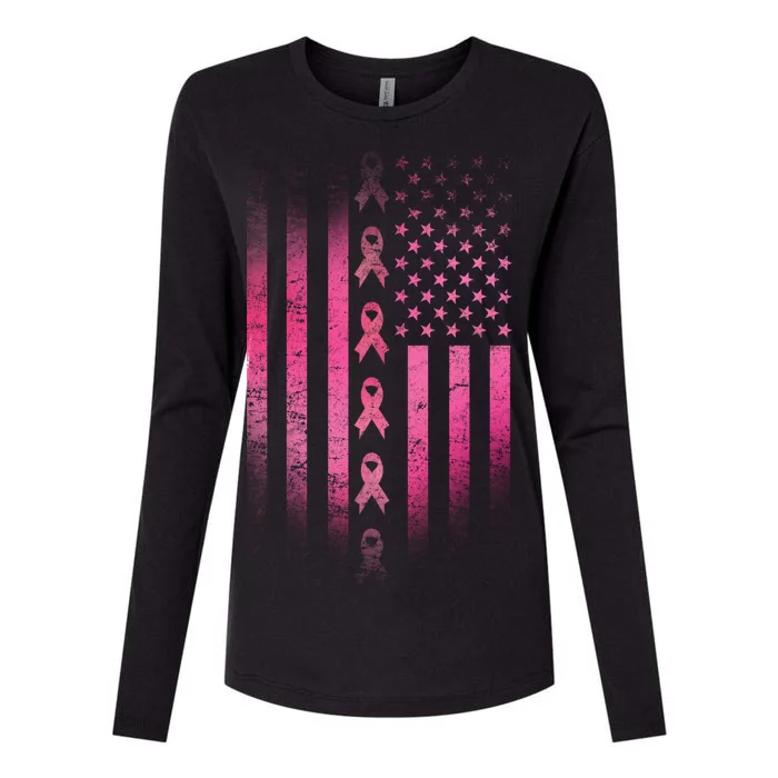 Breast Cancer American Flag Womens Cotton Relaxed Long Sleeve T-Shirt