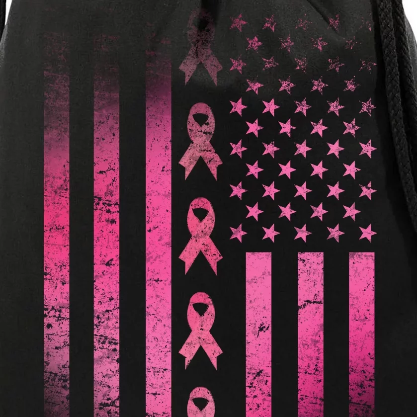 Breast Cancer American Flag Drawstring Bag